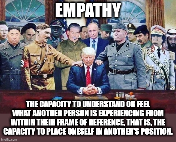 EMPATHY | EMPATHY; THE CAPACITY TO UNDERSTAND OR FEEL WHAT ANOTHER PERSON IS EXPERIENCING FROM WITHIN THEIR FRAME OF REFERENCE, THAT IS, THE CAPACITY TO PLACE ONESELF IN ANOTHER'S POSITION. | image tagged in empathy,understand,experience,reference,feel,position | made w/ Imgflip meme maker