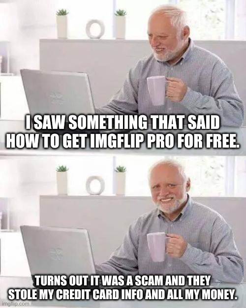 OOOOOOF | I SAW SOMETHING THAT SAID HOW TO GET IMGFLIP PRO FOR FREE. TURNS OUT IT WAS A SCAM AND THEY STOLE MY CREDIT CARD INFO AND ALL MY MONEY. | image tagged in memes,hide the pain harold | made w/ Imgflip meme maker