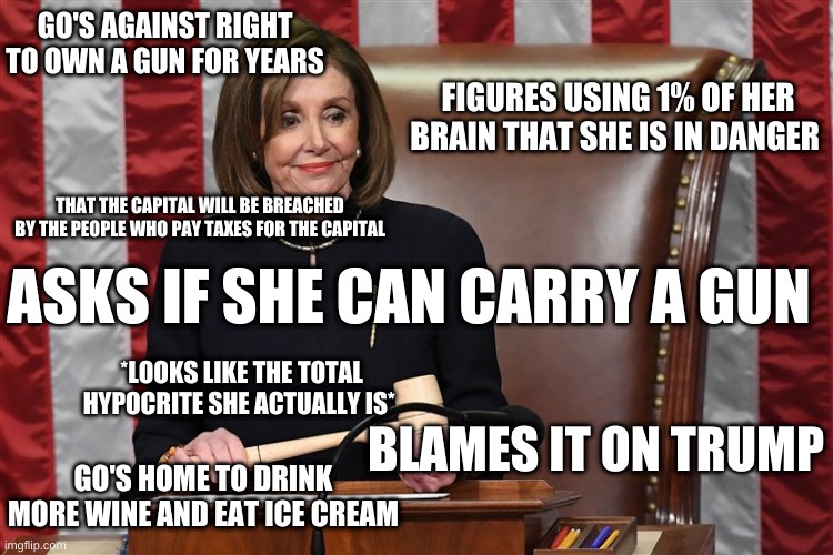 WTF Nancy | GO'S AGAINST RIGHT TO OWN A GUN FOR YEARS; FIGURES USING 1% OF HER BRAIN THAT SHE IS IN DANGER; THAT THE CAPITAL WILL BE BREACHED BY THE PEOPLE WHO PAY TAXES FOR THE CAPITAL; ASKS IF SHE CAN CARRY A GUN; *LOOKS LIKE THE TOTAL HYPOCRITE SHE ACTUALLY IS*; BLAMES IT ON TRUMP; GO'S HOME TO DRINK MORE WINE AND EAT ICE CREAM | image tagged in nancy pelosi wtf,nancy pelosi,nancy pelosi is crazy,good old nancy pelosi | made w/ Imgflip meme maker