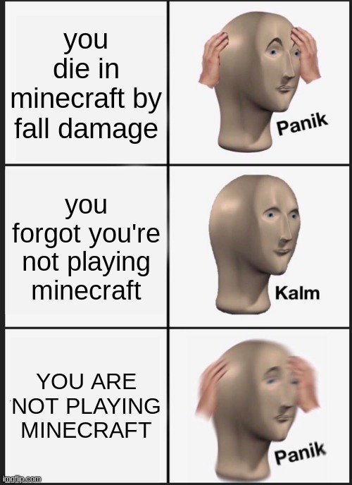 i swear if i reposted (i might have but idk hopefully not) |  you die in minecraft by fall damage; you forgot you're not playing minecraft; YOU ARE NOT PLAYING MINECRAFT | image tagged in memes,panik kalm panik | made w/ Imgflip meme maker