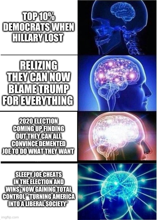 Expanding Brain | TOP 10% DEMOCRATS WHEN HILLARY LOST; RELIZING THEY CAN NOW BLAME TRUMP FOR EVERYTHING; 2020 ELECTION COMING UP FINDING OUT THEY CAN ALL CONVINCE DEMENTED JOE TO DO WHAT THEY WANT; SLEEPY JOE CHEATS IN THE ELECTION AND WINS *NOW GAINING TOTAL CONTROL* *TURNING AMERICA INTO A LIBERAL SOCIETY* | image tagged in memes,expanding brain,democrats,joe biden,dementia | made w/ Imgflip meme maker