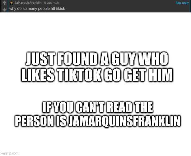 lets get him | JUST FOUND A GUY WHO LIKES TIKTOK GO GET HIM; IF YOU CAN'T READ THE PERSON IS JAMARQUINSFRANKLIN | image tagged in blank white template,tiktok sucks | made w/ Imgflip meme maker