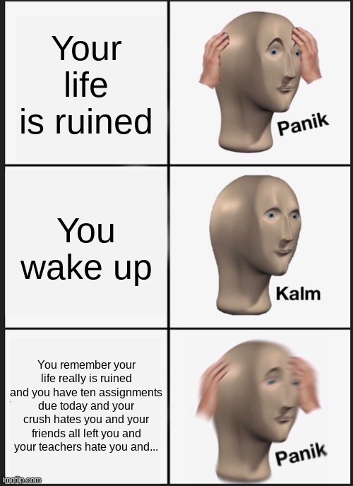 Life is ruined | Your life is ruined; You wake up; You remember your life really is ruined and you have ten assignments due today and your crush hates you and your friends all left you and your teachers hate you and... | image tagged in memes,panik kalm panik | made w/ Imgflip meme maker