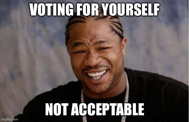 Vote ImagineStudio for President | “I will never be a threat” | VOTING FOR YOURSELF; NOT ACCEPTABLE | image tagged in memes,yo dawg heard you | made w/ Imgflip meme maker