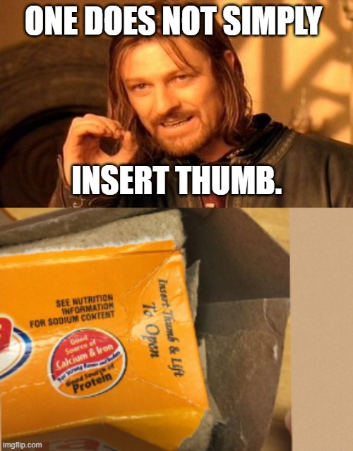 One does not simply insert thumb | ONE DOES NOT SIMPLY; INSERT THUMB. | image tagged in memes,one does not simply | made w/ Imgflip meme maker