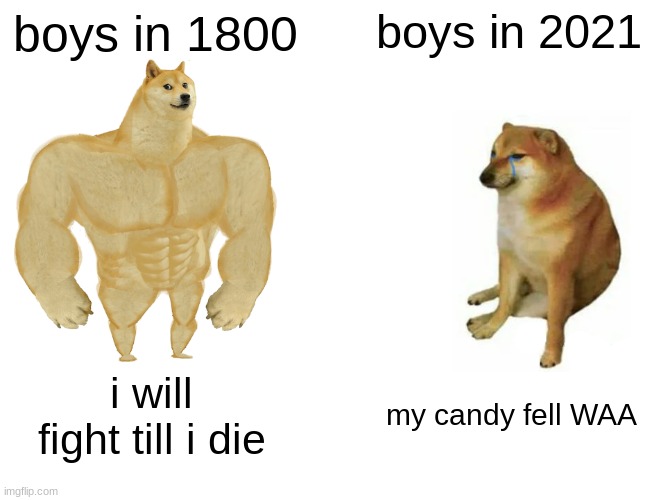 Buff Doge vs. Cheems | boys in 1800; boys in 2021; i will fight till i die; my candy fell WAA | image tagged in memes | made w/ Imgflip meme maker