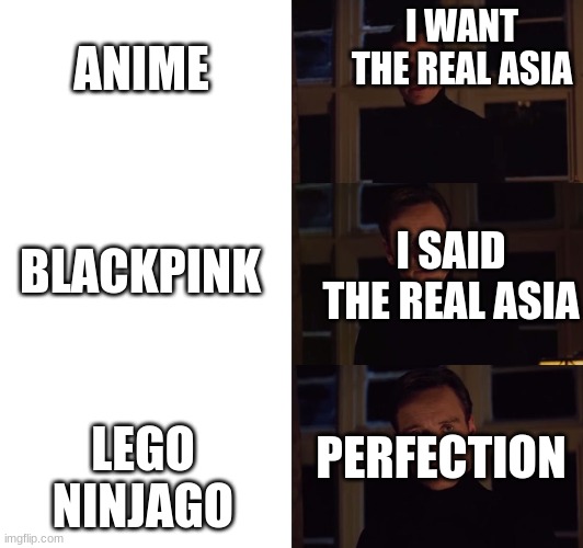 perfection | ANIME; I WANT THE REAL ASIA; BLACKPINK; I SAID THE REAL ASIA; PERFECTION; LEGO NINJAGO | image tagged in perfection | made w/ Imgflip meme maker