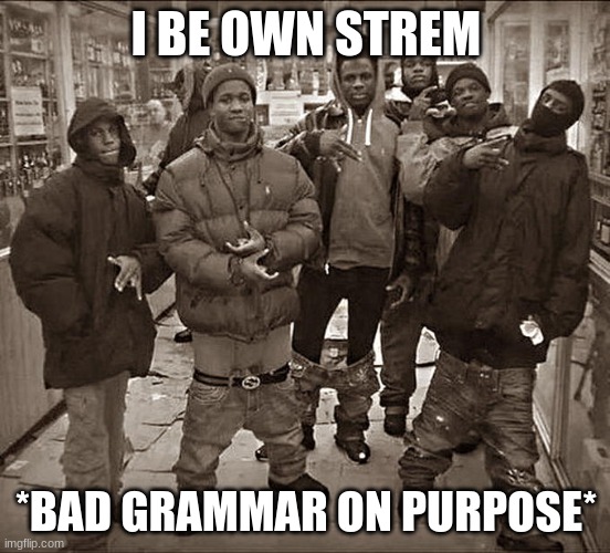 All My Homies Hate | I BE OWN STREM; *BAD GRAMMAR ON PURPOSE* | image tagged in all my homies hate | made w/ Imgflip meme maker