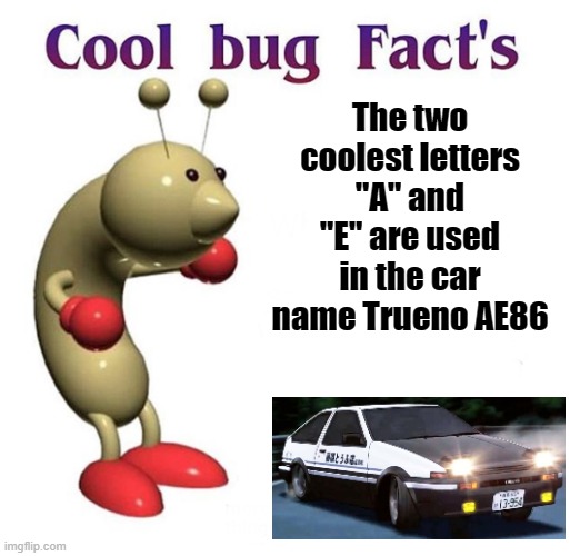 Cool Bug Facts | The two coolest letters "A" and "E" are used in the car name Trueno AE86 | image tagged in cool bug facts | made w/ Imgflip meme maker