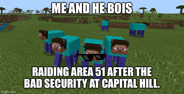Me and the bois | ME AND HE BOIS; RAIDING AREA 51 AFTER THE BAD SECURITY AT CAPITAL HILL. | image tagged in me and the boys,minecraft,minecraft steve,minecraft sheep | made w/ Imgflip meme maker