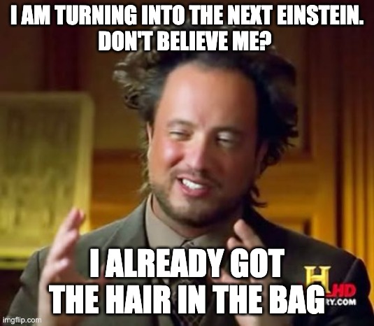 The next Einstein | I AM TURNING INTO THE NEXT EINSTEIN.
DON'T BELIEVE ME? I ALREADY GOT THE HAIR IN THE BAG | image tagged in aliens guy | made w/ Imgflip meme maker