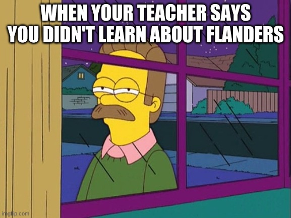 Ned Flanders | WHEN YOUR TEACHER SAYS YOU DIDN'T LEARN ABOUT FLANDERS | image tagged in ned flanders | made w/ Imgflip meme maker