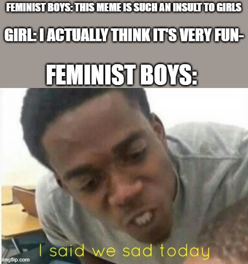 i said we ____ today | GIRL: I ACTUALLY THINK IT'S VERY FUN-; FEMINIST BOYS: THIS MEME IS SUCH AN INSULT TO GIRLS; FEMINIST BOYS: | image tagged in i said we ____ today,boys vs girls,girls vs boys | made w/ Imgflip meme maker