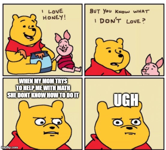 Winnie the Pooh but you know what I don’t like | UGH; WHEN MY MOM TRYS TO HELP ME WITH MATH SHE DONT KNOW HOW TO DO IT | image tagged in winnie the pooh but you know what i don t like,mom,memes,math | made w/ Imgflip meme maker