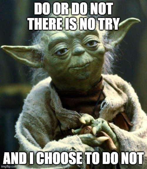do not | DO OR DO NOT THERE IS NO TRY; AND I CHOOSE TO DO NOT | image tagged in memes,star wars yoda | made w/ Imgflip meme maker