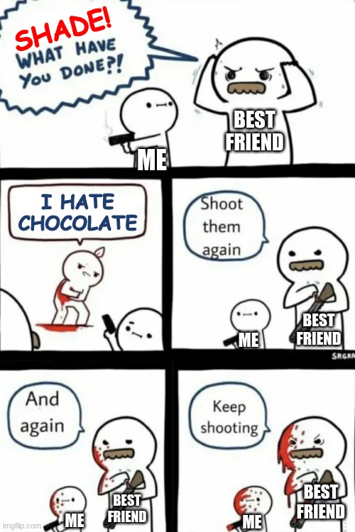 NOBODY SAYS THEY HATE CHOCOLATE AROUND ME AND GETS AWAY WITH IT!!!!! | SHADE! BEST FRIEND; ME; I HATE CHOCOLATE; BEST FRIEND; ME; BEST FRIEND; BEST FRIEND; ME; ME | image tagged in billy what have you done | made w/ Imgflip meme maker