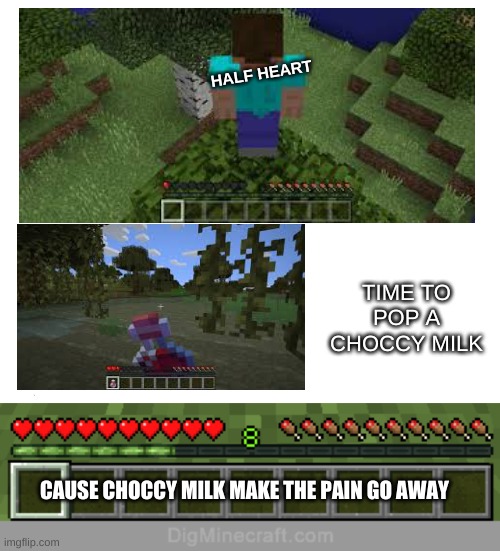 HALF HEART; TIME TO POP A CHOCCY MILK; CAUSE CHOCCY MILK MAKE THE PAIN GO AWAY | image tagged in memes,marked safe from | made w/ Imgflip meme maker