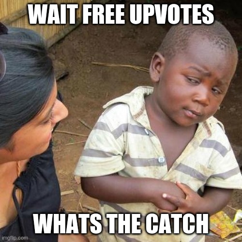 Third World Skeptical Kid | WAIT FREE UPVOTES; WHATS THE CATCH | image tagged in memes,third world skeptical kid,funny memes,bad luck brian,funny,upvotes | made w/ Imgflip meme maker