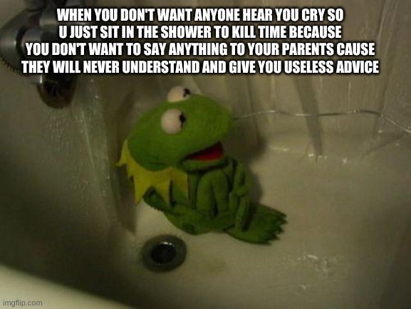 this meme template is really old so im gonna try to make it a thing again | WHEN YOU DON'T WANT ANYONE HEAR YOU CRY SO U JUST SIT IN THE SHOWER TO KILL TIME BECAUSE YOU DON'T WANT TO SAY ANYTHING TO YOUR PARENTS CAUSE THEY WILL NEVER UNDERSTAND AND GIVE YOU USELESS ADVICE | image tagged in depressed kermit | made w/ Imgflip meme maker