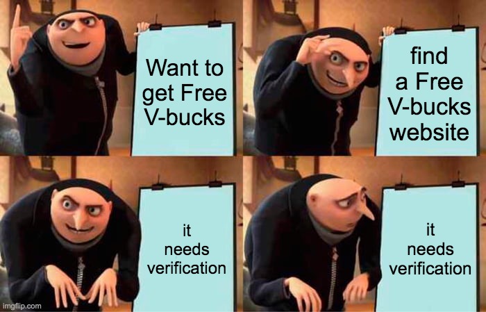 Gru's Plan Meme | Want to get Free V-bucks; find a Free V-bucks website; it needs verification; it needs verification | image tagged in memes,gru's plan | made w/ Imgflip meme maker