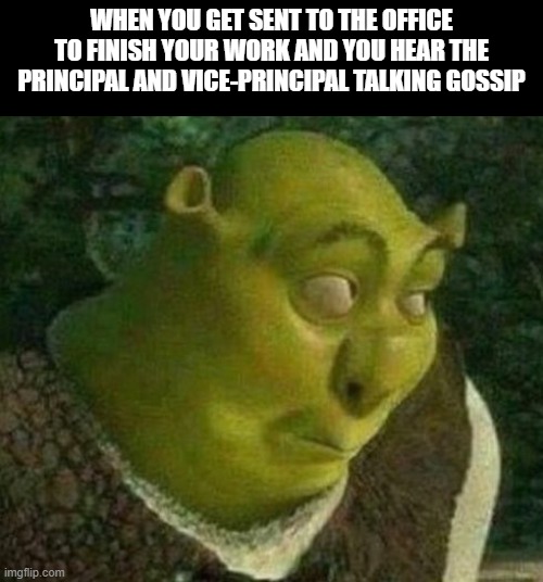 This is happening to me right now | WHEN YOU GET SENT TO THE OFFICE TO FINISH YOUR WORK AND YOU HEAR THE PRINCIPAL AND VICE-PRINCIPAL TALKING GOSSIP | image tagged in oops shrek | made w/ Imgflip meme maker