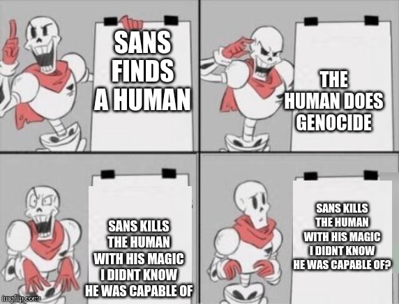 Papyrus plan | SANS FINDS A HUMAN; THE HUMAN DOES GENOCIDE; SANS KILLS THE HUMAN WITH HIS MAGIC I DIDNT KNOW HE WAS CAPABLE OF? SANS KILLS THE HUMAN WITH HIS MAGIC I DIDNT KNOW HE WAS CAPABLE OF | image tagged in papyrus plan | made w/ Imgflip meme maker