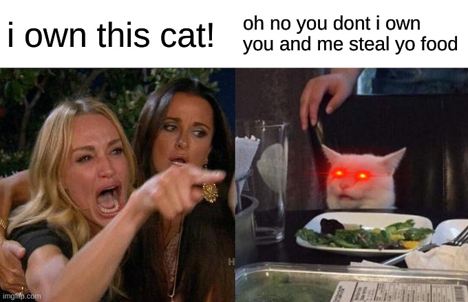 Woman Yelling At Cat Meme | i own this cat! oh no you dont i own you and me steal yo food | image tagged in memes,woman yelling at cat | made w/ Imgflip meme maker