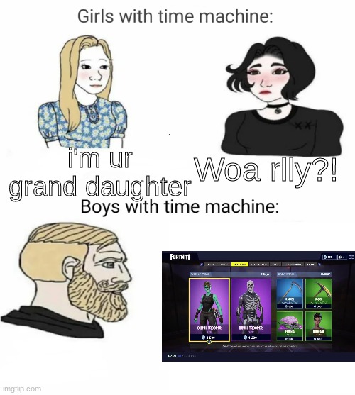 xD | i'm ur grand daughter; Woa rlly?! | image tagged in time machine | made w/ Imgflip meme maker