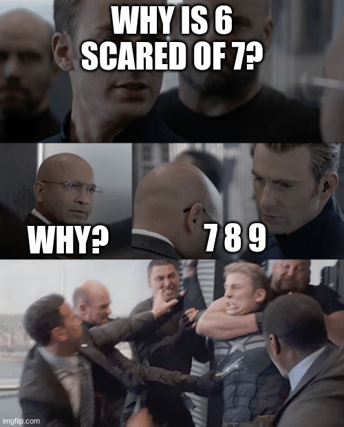 Captain america elevator | WHY IS 6 SCARED OF 7? WHY? 7 8 9 | image tagged in captain america elevator | made w/ Imgflip meme maker