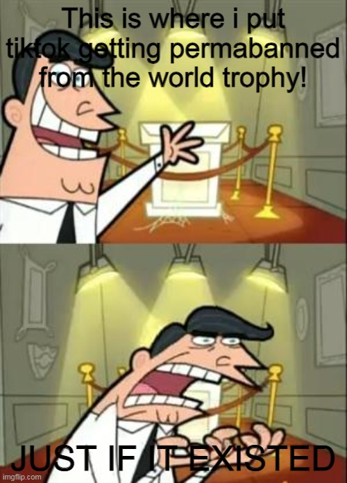 This Is Where I'd Put My Trophy If I Had One Meme | This is where i put tiktok getting permabanned from the world trophy! JUST IF IT EXISTED | image tagged in memes,this is where i'd put my trophy if i had one | made w/ Imgflip meme maker