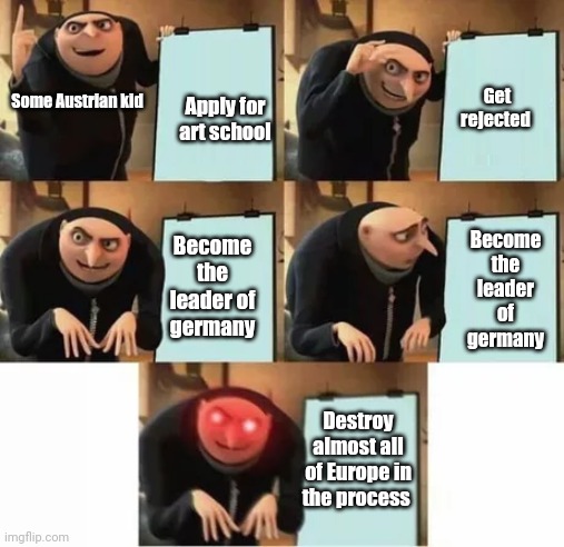 ww2 | Get rejected; Apply for art school; Some Austrian kid; Become the leader of germany; Become the leader of germany; Destroy almost all of Europe in the process | image tagged in gru's plan red eyes edition,nazi,hitler,germany | made w/ Imgflip meme maker