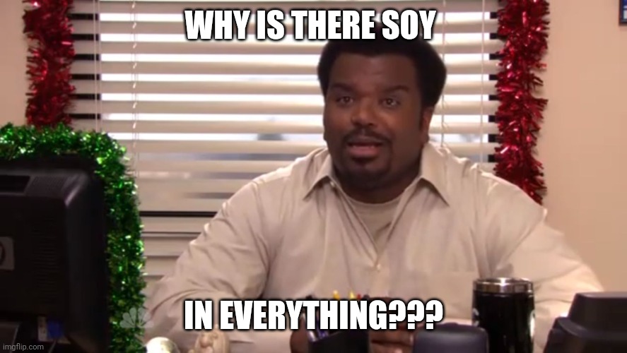 Darryl The Office | WHY IS THERE SOY; IN EVERYTHING??? | image tagged in darryl the office | made w/ Imgflip meme maker