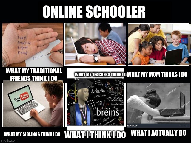 Online School |  ONLINE SCHOOLER; WHAT MY TRADITIONAL FRIENDS THINK I DO; WHAT MY MOM THINKS I DO; WHAT MY TEACHERS THINK I DO; WHAT I ACTUALLY DO; WHAT MY SIBLINGS THINK I DO; WHAT I THINK I DO | image tagged in what my friends think i do | made w/ Imgflip meme maker