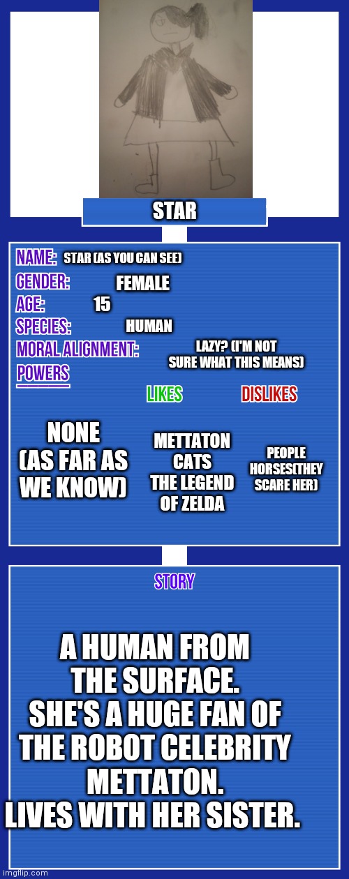 Original was a character maker, so I had to draw it. | STAR; STAR (AS YOU CAN SEE); FEMALE; 15; HUMAN; LAZY? (I'M NOT SURE WHAT THIS MEANS); NONE (AS FAR AS WE KNOW); PEOPLE HORSES(THEY SCARE HER); METTATON CATS THE LEGEND OF ZELDA; A HUMAN FROM THE SURFACE. SHE'S A HUGE FAN OF THE ROBOT CELEBRITY METTATON. LIVES WITH HER SISTER. | image tagged in oc full showcase v2 | made w/ Imgflip meme maker