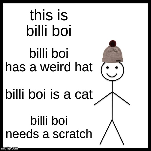 Be Like Bill | this is billi boi; billi boi has a weird hat; billi boi is a cat; billi boi needs a scratch | image tagged in memes,be like bill | made w/ Imgflip meme maker