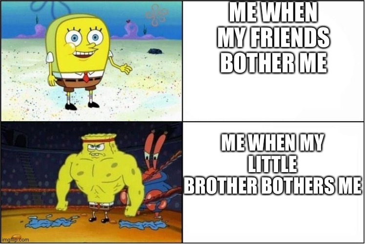 I haven’t made a meme in a while | ME WHEN MY FRIENDS BOTHER ME; ME WHEN MY LITTLE BROTHER BOTHERS ME | image tagged in weak vs strong spongebob | made w/ Imgflip meme maker