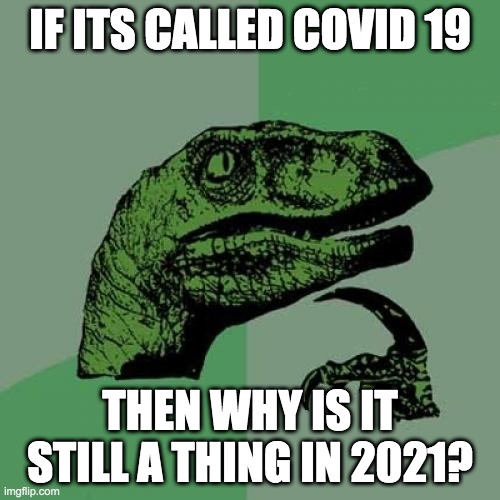 plz don't woooosh this meme | IF ITS CALLED COVID 19; THEN WHY IS IT STILL A THING IN 2021? | image tagged in memes,philosoraptor | made w/ Imgflip meme maker