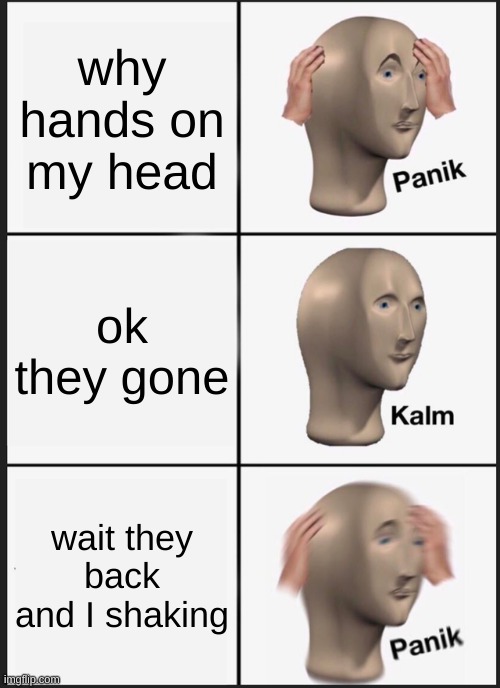Panik Kalm Panik | why hands on my head; ok they gone; wait they back and I shaking | image tagged in memes,panik kalm panik | made w/ Imgflip meme maker