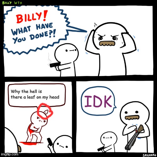 Billy, What Have You Done | Why the hell is there a leaf on my head; IDK | image tagged in billy what have you done | made w/ Imgflip meme maker