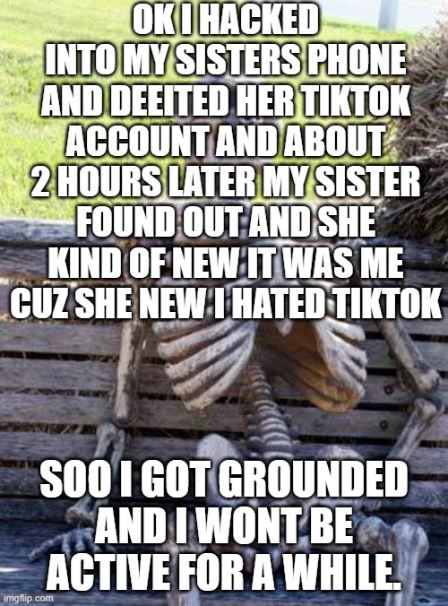 Waiting Skeleton | OK I HACKED INTO MY SISTERS PHONE AND DEEITED HER TIKTOK ACCOUNT AND ABOUT 2 HOURS LATER MY SISTER FOUND OUT AND SHE KIND OF NEW IT WAS ME CUZ SHE NEW I HATED TIKTOK; SOO I GOT GROUNDED AND I WONT BE ACTIVE FOR A WHILE. | image tagged in memes,waiting skeleton | made w/ Imgflip meme maker