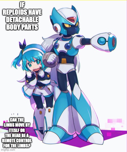 Rico and Via | IF REPLOIDS HAVE DETACHABLE BODY PARTS; CAN THE LIMBS MOVE BY ITESLF OR THE HEAD BE A REMOTE CONTROL FOR THE LIMBS? | image tagged in megaman,megaman x,megaman x dive,memes | made w/ Imgflip meme maker