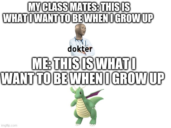 Blank White Template | MY CLASS MATES: THIS IS WHAT I WANT TO BE WHEN I GROW UP; ME: THIS IS WHAT I WANT TO BE WHEN I GROW UP | image tagged in blank white template | made w/ Imgflip meme maker