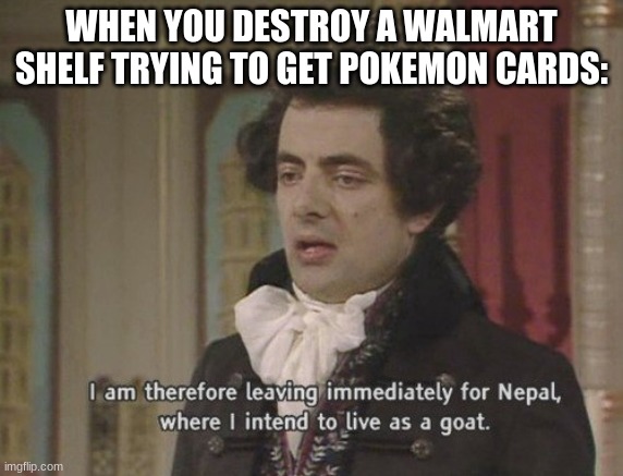 I guess so | WHEN YOU DESTROY A WALMART SHELF TRYING TO GET POKEMON CARDS: | image tagged in i am therefore leaving immediately for nepal | made w/ Imgflip meme maker