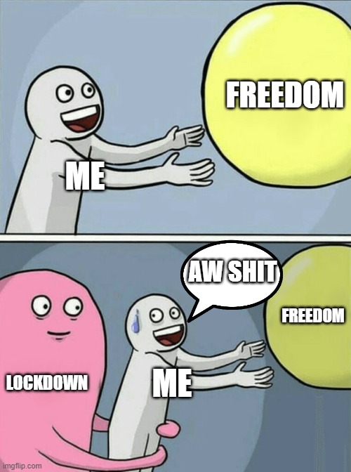 As we all know it... | FREEDOM; ME; AW SHIT; FREEDOM; LOCKDOWN; ME | image tagged in memes,running away balloon | made w/ Imgflip meme maker