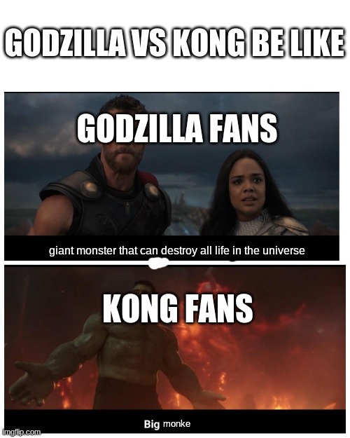 Hulk Big Monster | GODZILLA VS KONG BE LIKE; GODZILLA FANS; giant monster that can destroy all life in the universe; KONG FANS; monke | image tagged in hulk big monster | made w/ Imgflip meme maker