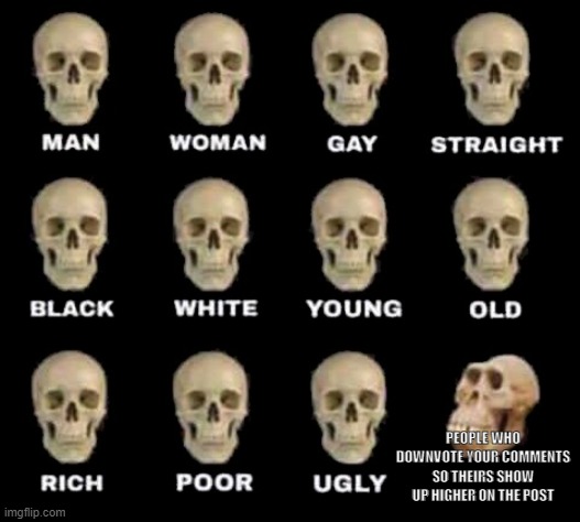 man woman gay straight skull | PEOPLE WHO DOWNVOTE YOUR COMMENTS SO THEIRS SHOW UP HIGHER ON THE POST | image tagged in man woman gay straight skull | made w/ Imgflip meme maker