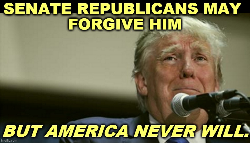 A lifelong criminal | SENATE REPUBLICANS MAY 
FORGIVE HIM; BUT AMERICA NEVER WILL. | image tagged in trump tears at the microphone,trump,impeachment,criminal,guilty | made w/ Imgflip meme maker