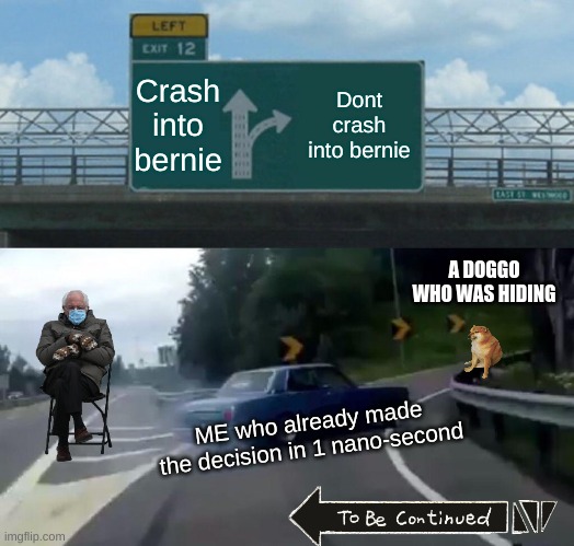 Uh Oh | Crash into bernie; Dont crash into bernie; A DOGGO WHO WAS HIDING; ME who already made the decision in 1 nano-second | image tagged in memes,left exit 12 off ramp,doggo,funny memes,bernie sanders | made w/ Imgflip meme maker