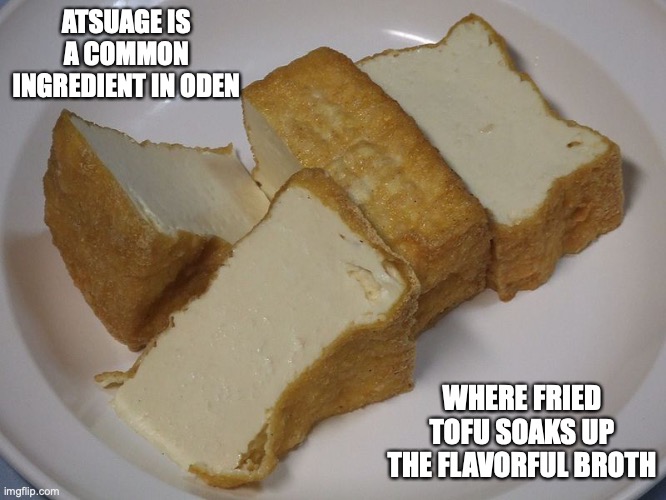 Atsuage | ATSUAGE IS A COMMON INGREDIENT IN ODEN; WHERE FRIED TOFU SOAKS UP THE FLAVORFUL BROTH | image tagged in tofu,food,memes | made w/ Imgflip meme maker