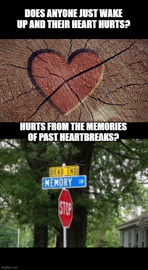 Happy Valentines Day! | DOES ANYONE JUST WAKE UP AND THEIR HEART HURTS? HURTS FROM THE MEMORIES OF PAST HEARTBREAKS? | image tagged in valentines day,valentines,happy valentine's day,love,valentine forever alone | made w/ Imgflip meme maker